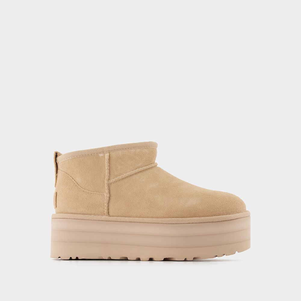 Ugg Classic Ultra Mini Platform Ankle Boots -  - Beige - Leather In Brown