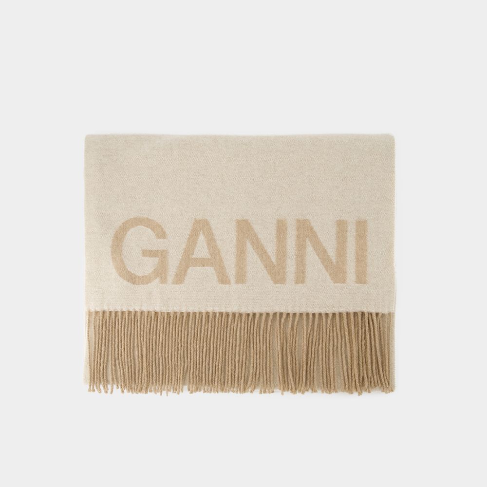 Shop Ganni Fringed Scarf -  - Wool - Beige