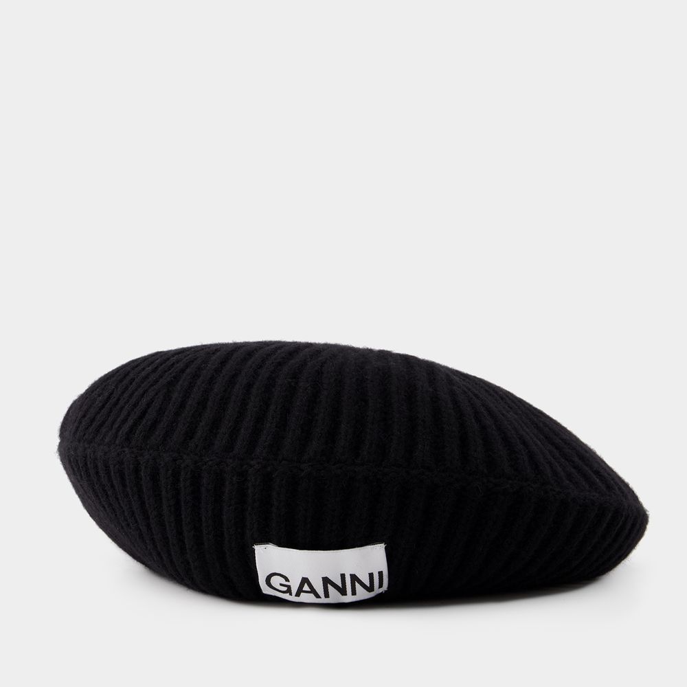 Shop Ganni Rib Beret -  - Wool - Black