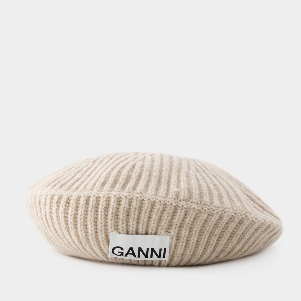 Shop Ganni Rib Beret -  - Wool - Beige