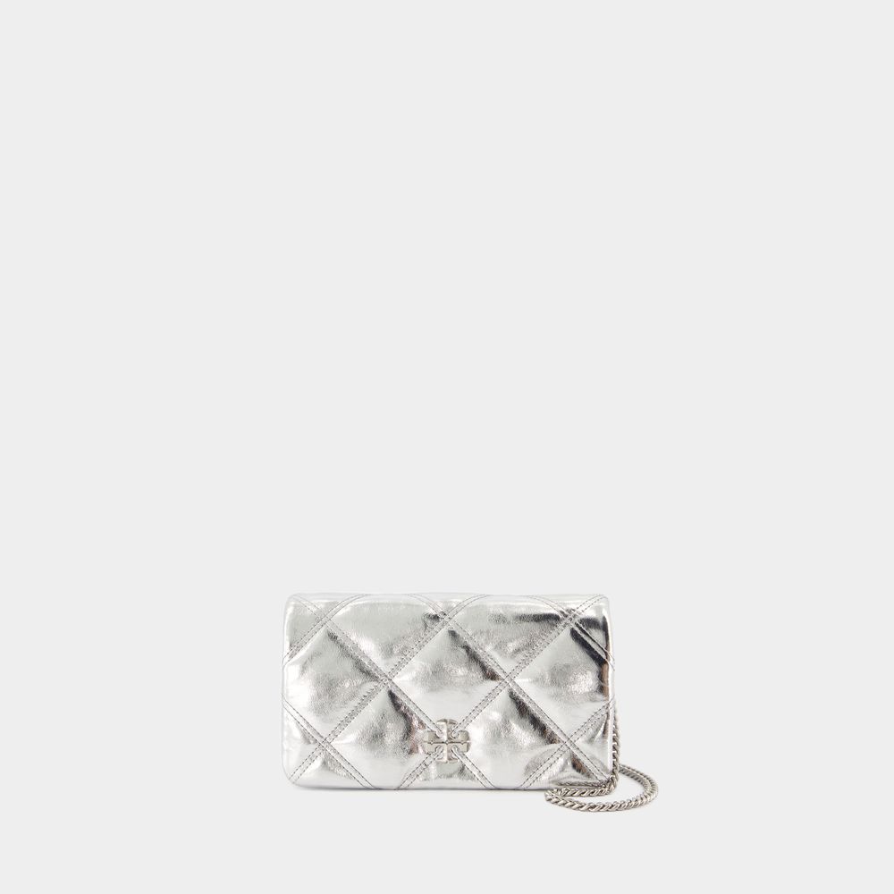 Tory Burch Kira Diamond Wallet On Chain -  - Leather - Silver In Silver