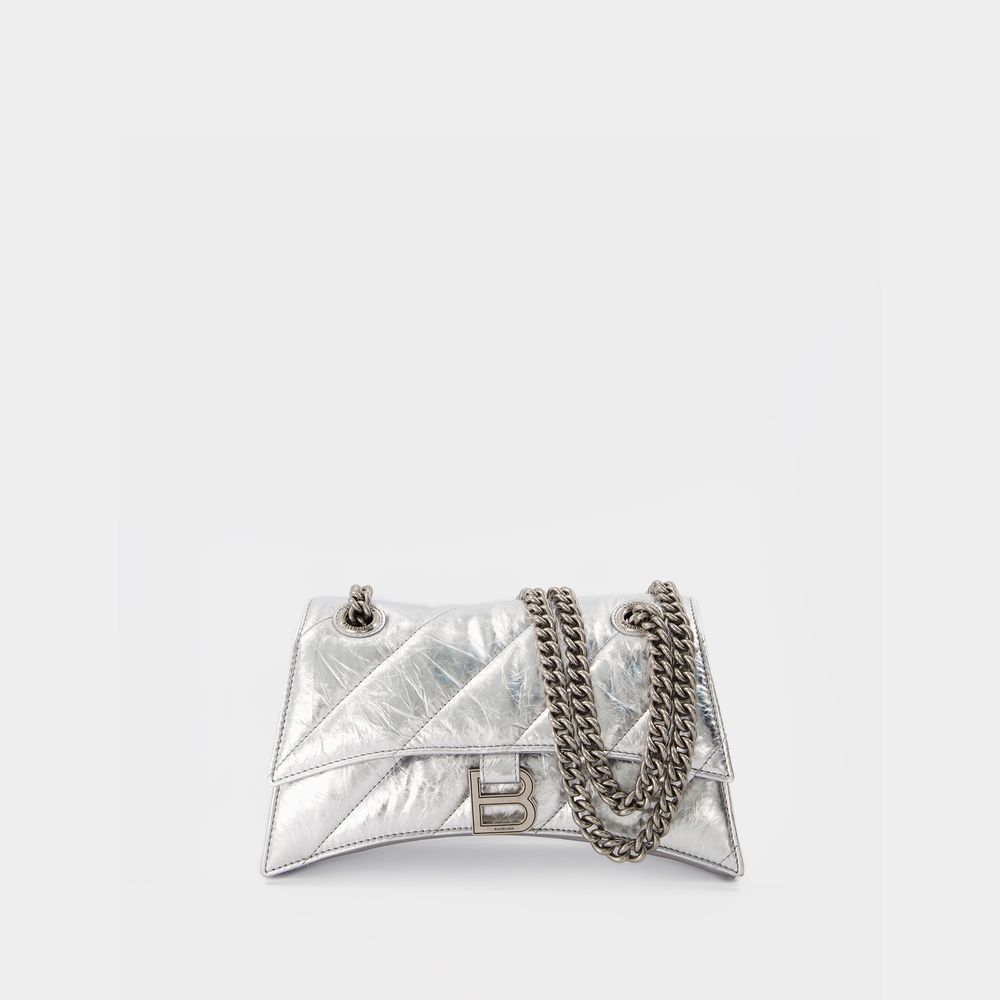 Photos - Women Bag Balenciaga Crush Bag With Chain in Metallic Silver Leather 