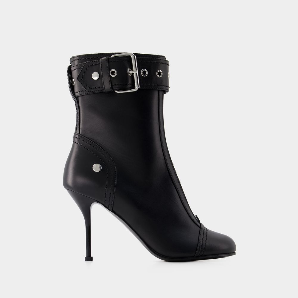 Shop Alexander Mcqueen High-heeled Ankle Boots -  - Leather - Black/silver