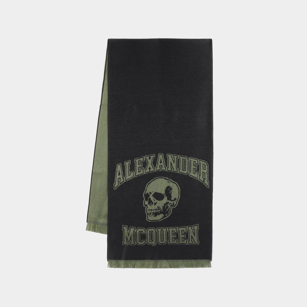 Alexander Mcqueen Varsity Skull Logo Scarf - - Wool - Black In Black