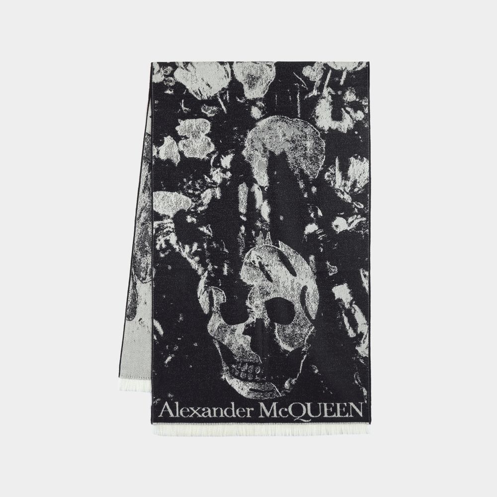 Alexander Mcqueen Flower Blooms Skull Scarf - - Wool - Black In Black