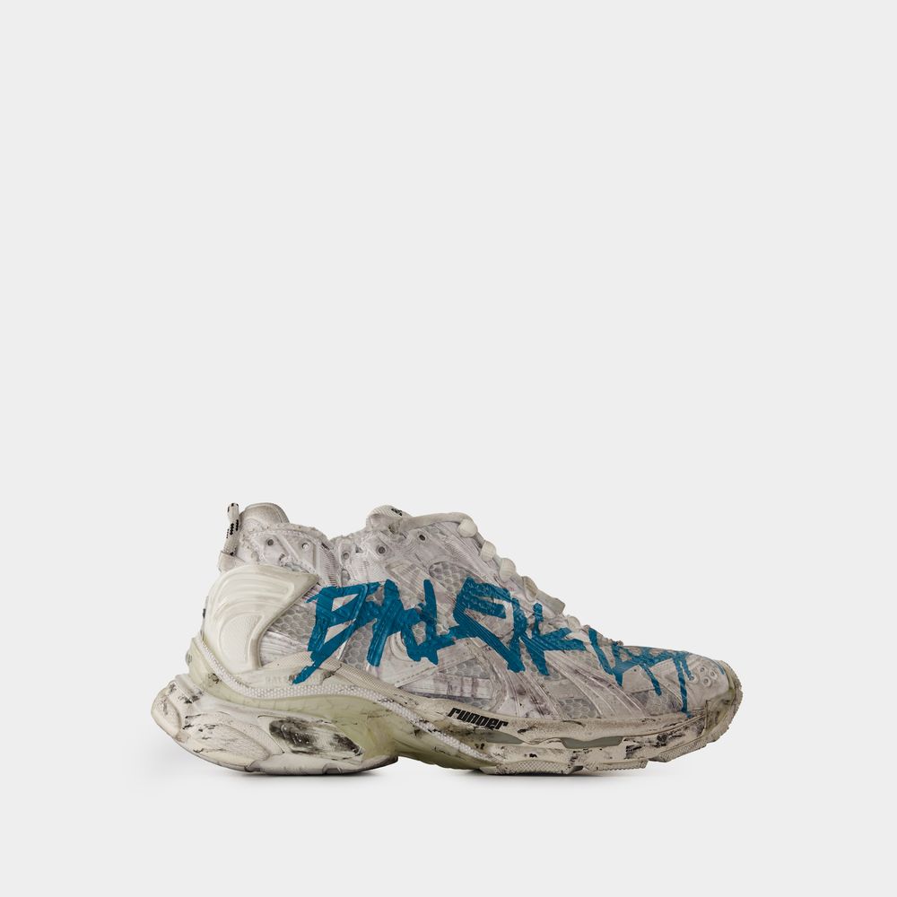 Balenciaga Distressed White Sneakers With Bold Graphic Print In White