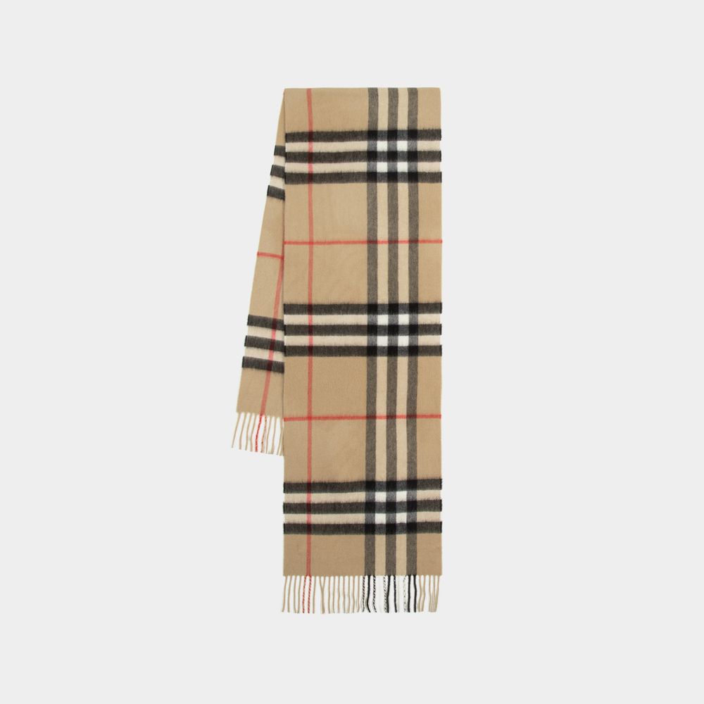 Shop Burberry Mu Giant Check Scarf -  - Cashmere - Archive Beige