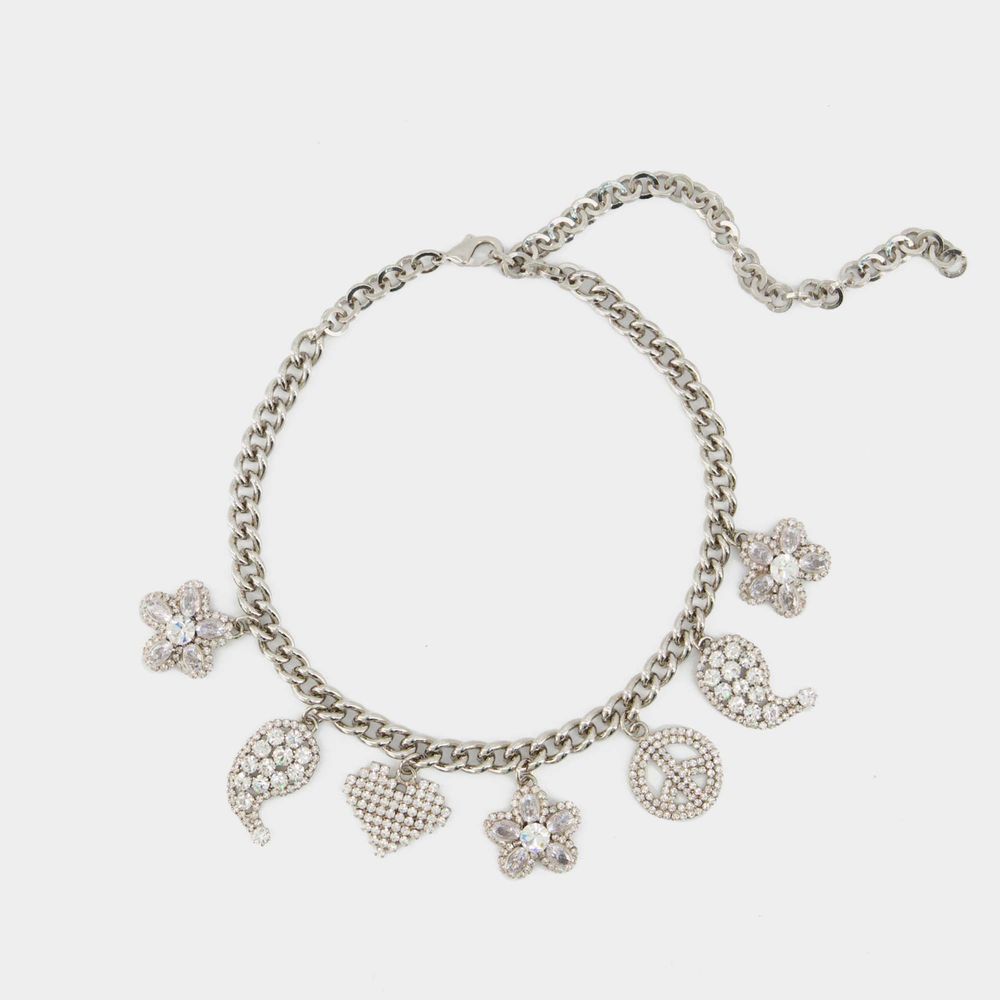 Shop Alessandra Rich Crystal Charms Necklace -  - Silver - Brass