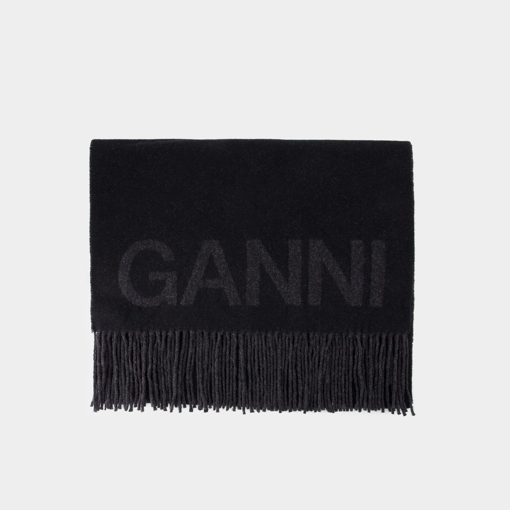 Shop Ganni Fringed Scarf -  - Wool - Black