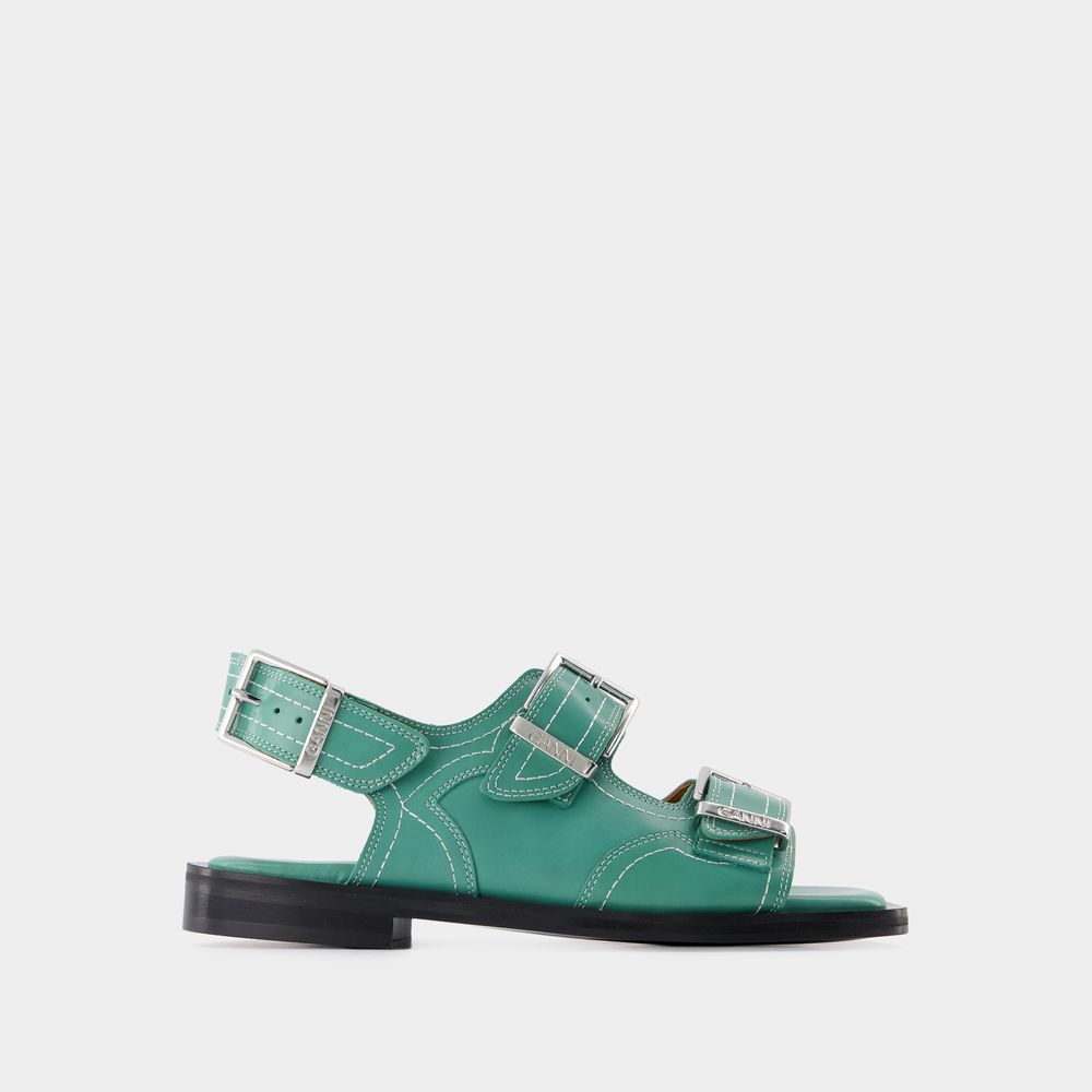 Shop Ganni Western Sandals -  - Green - Leather
