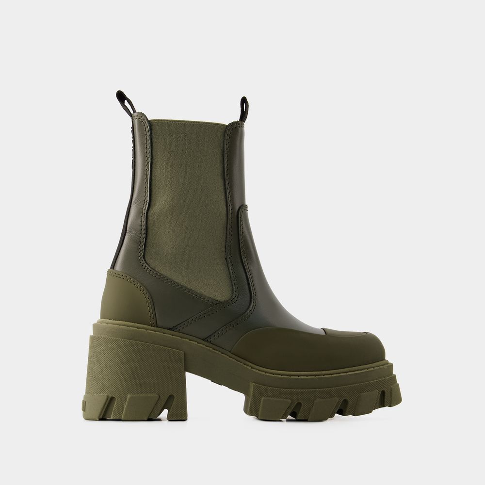 Shop Ganni Heeled Mid Chelsea Tonal Boots -  - Leather - Khaki
