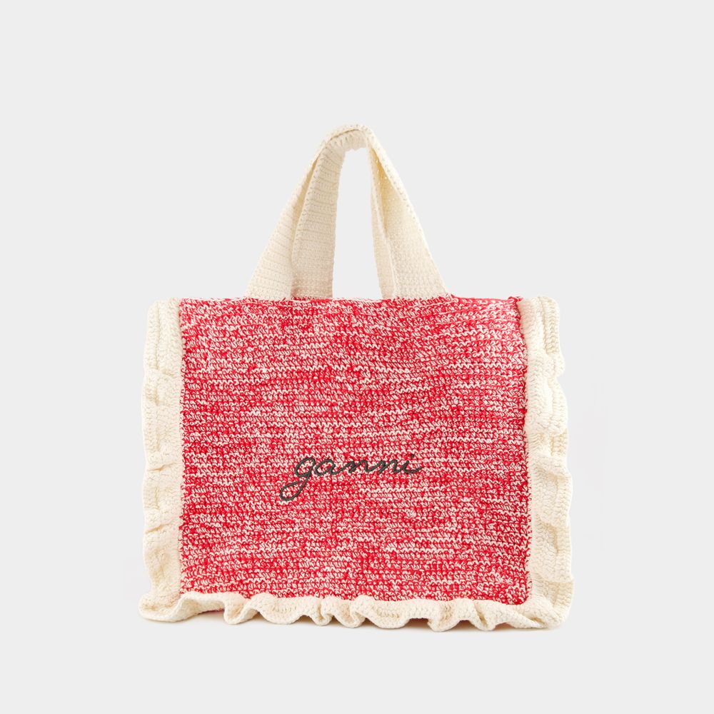 Shop Ganni Crochet Frill Shopper Bag -  - Cotton - White