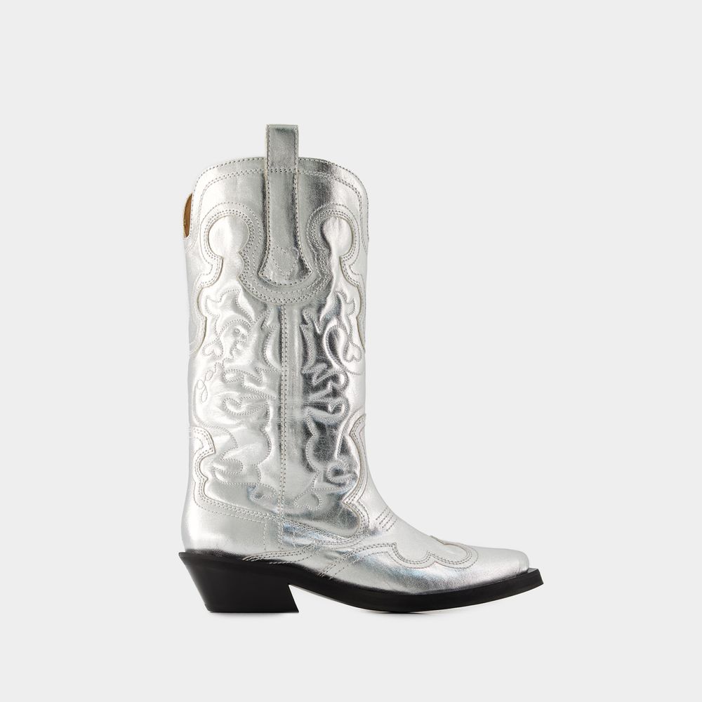 Shop Ganni Mid Shaft Western Boots -  - Synthetic - Silver
