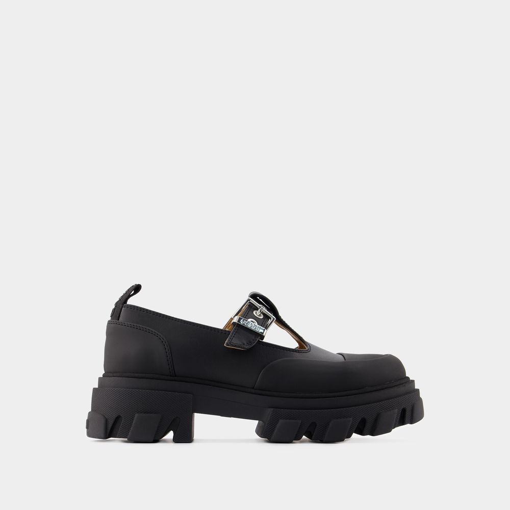 Shop Ganni Cleated Mary Jane Loafers -  - Synthetic Leather - Black