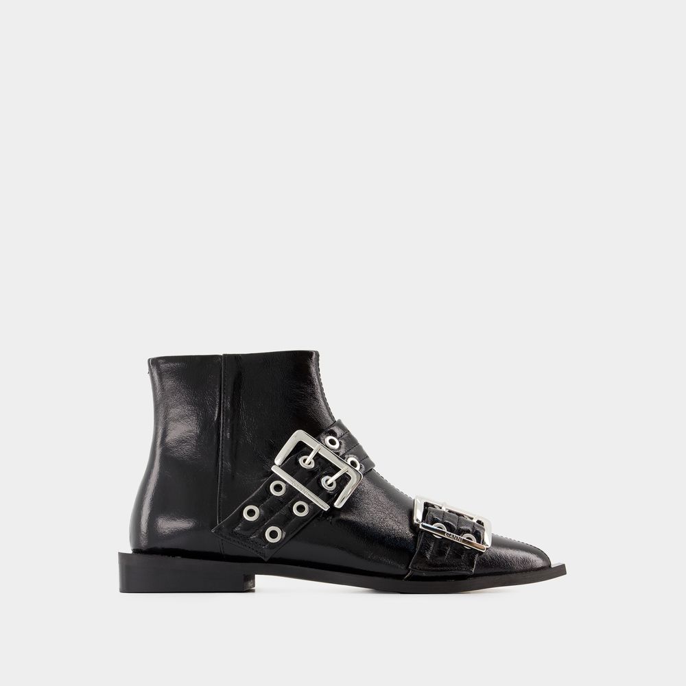 Shop Ganni Bottines Feminine Buckle -  - Cuir Synthétique - Noir In Black