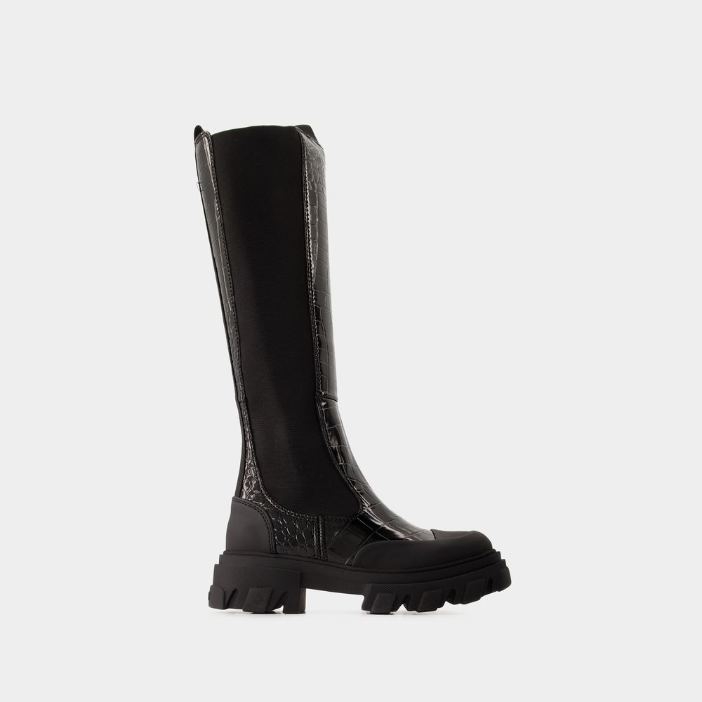 Ganni 50mm Crocodile-embossed Knee-high Boots In Black