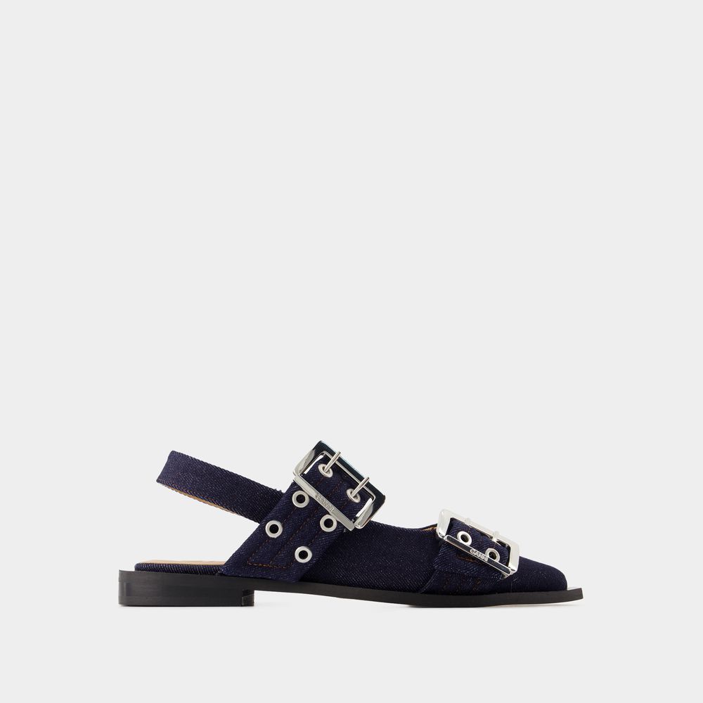 Shop Ganni Ballerines Feminine Buckle -  - Coton - Bleu In Blue