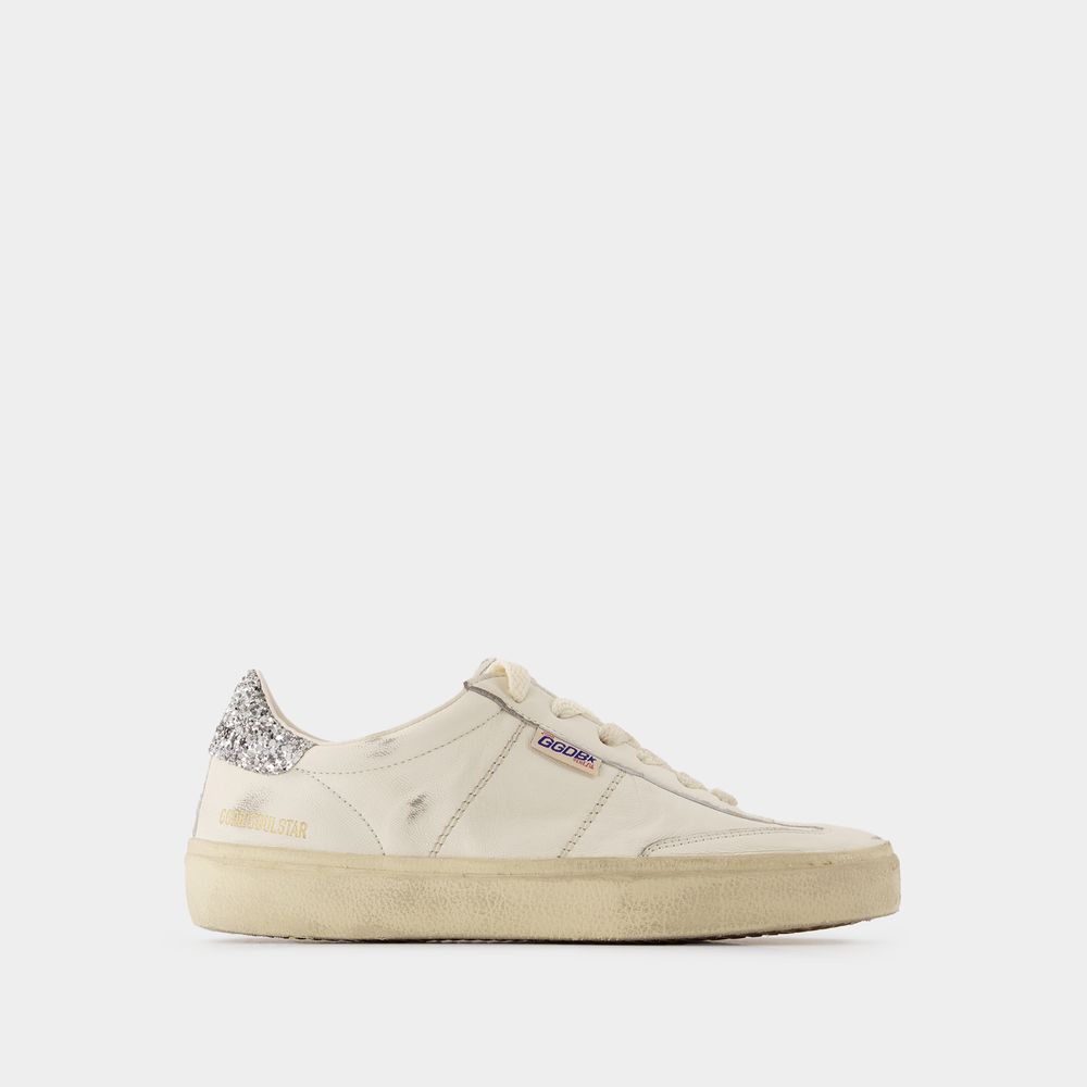 Golden Goose Soul Star Distressed Leather Sneakers With Glittered Heel Tab Shoes In White