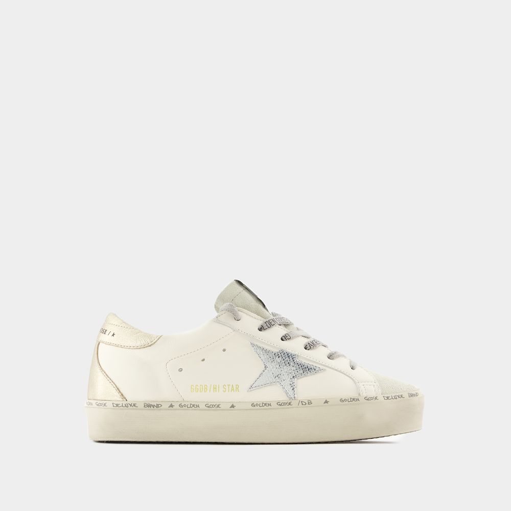 Golden Goose Hi Star Sneakers With Star And Heel Tab In Metallic Silver In White