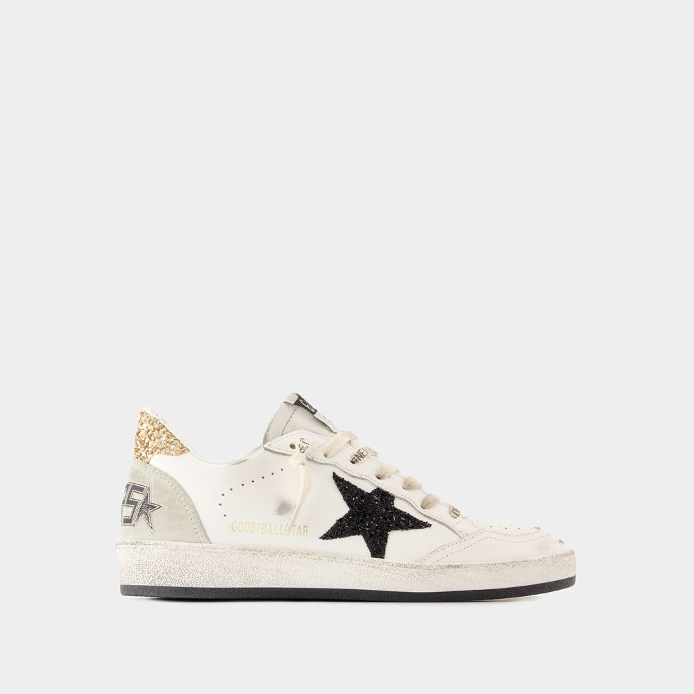 Golden Goose Ballstar Leather Upper And Toe Glitter Star And Heel Suede Spur Shoes In White