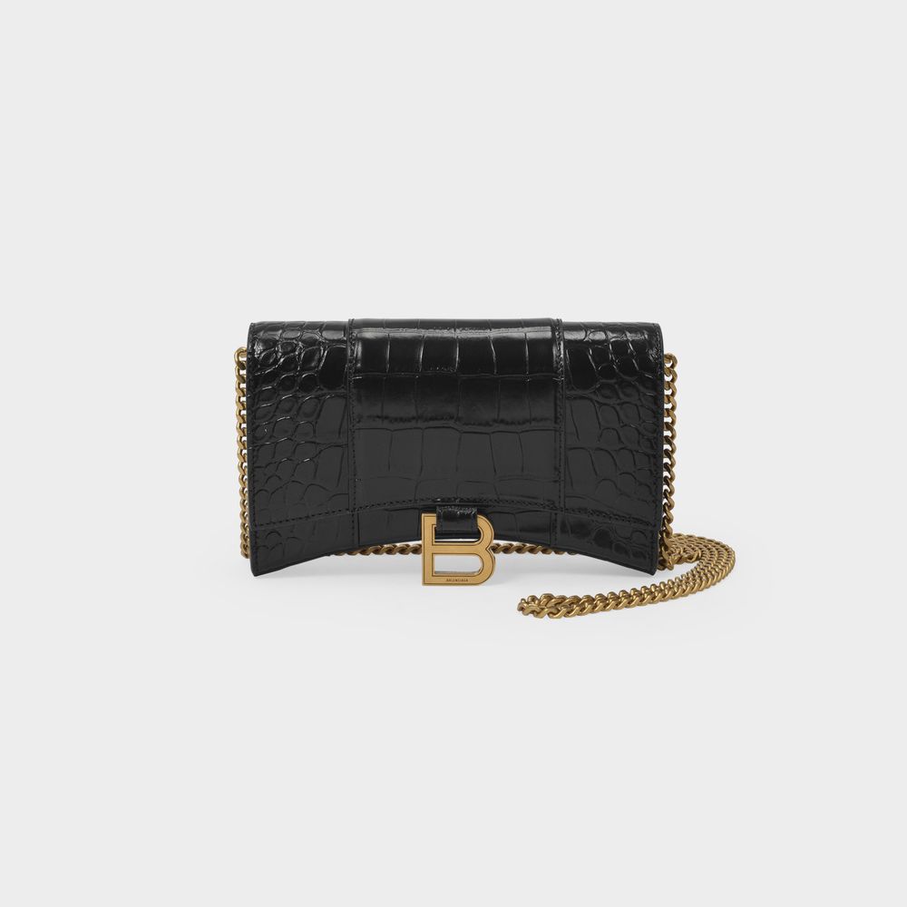 Photos - Women Bag Balenciaga Hour Wallet Bag in Black Patent Crocodile Effet Leather 